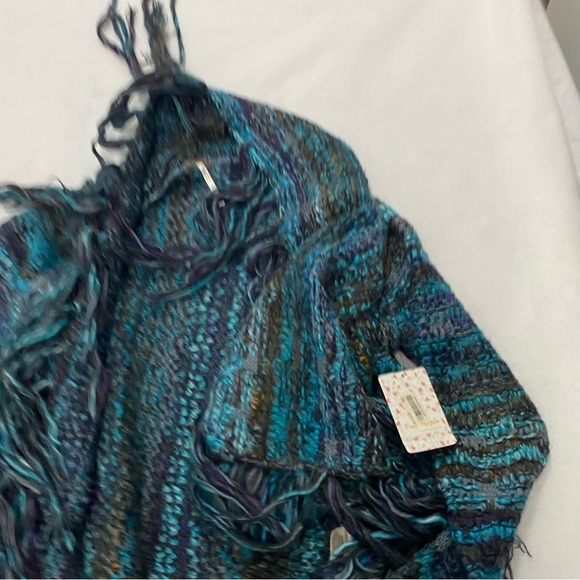 Free People Birkenstock Fringe Cascading Cardigan Sweater Blue Large - Picture 3 of 10
